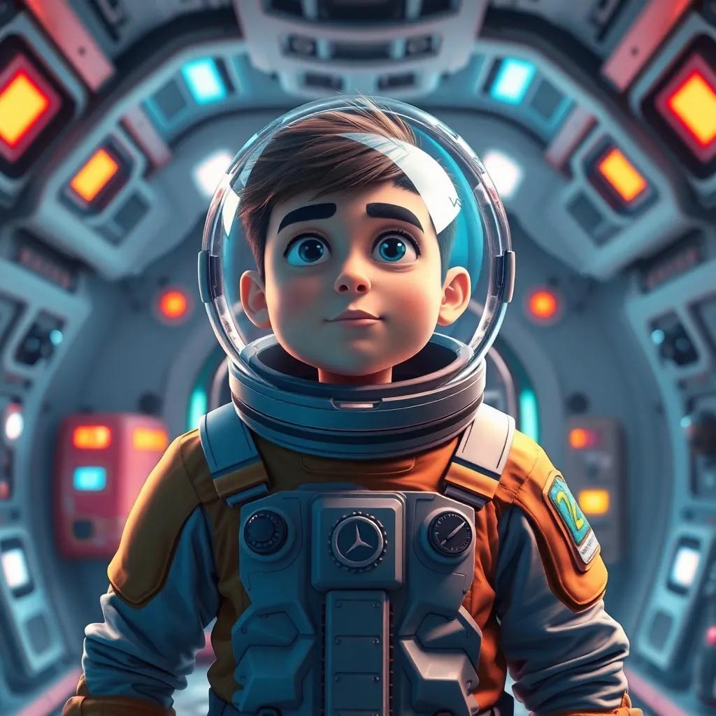 A grown-up أحمد in a space suit, preparing for a launch in a futuristic space station, looking determined and ready, vibrant colors, digital art, adventurous, inspiring scene