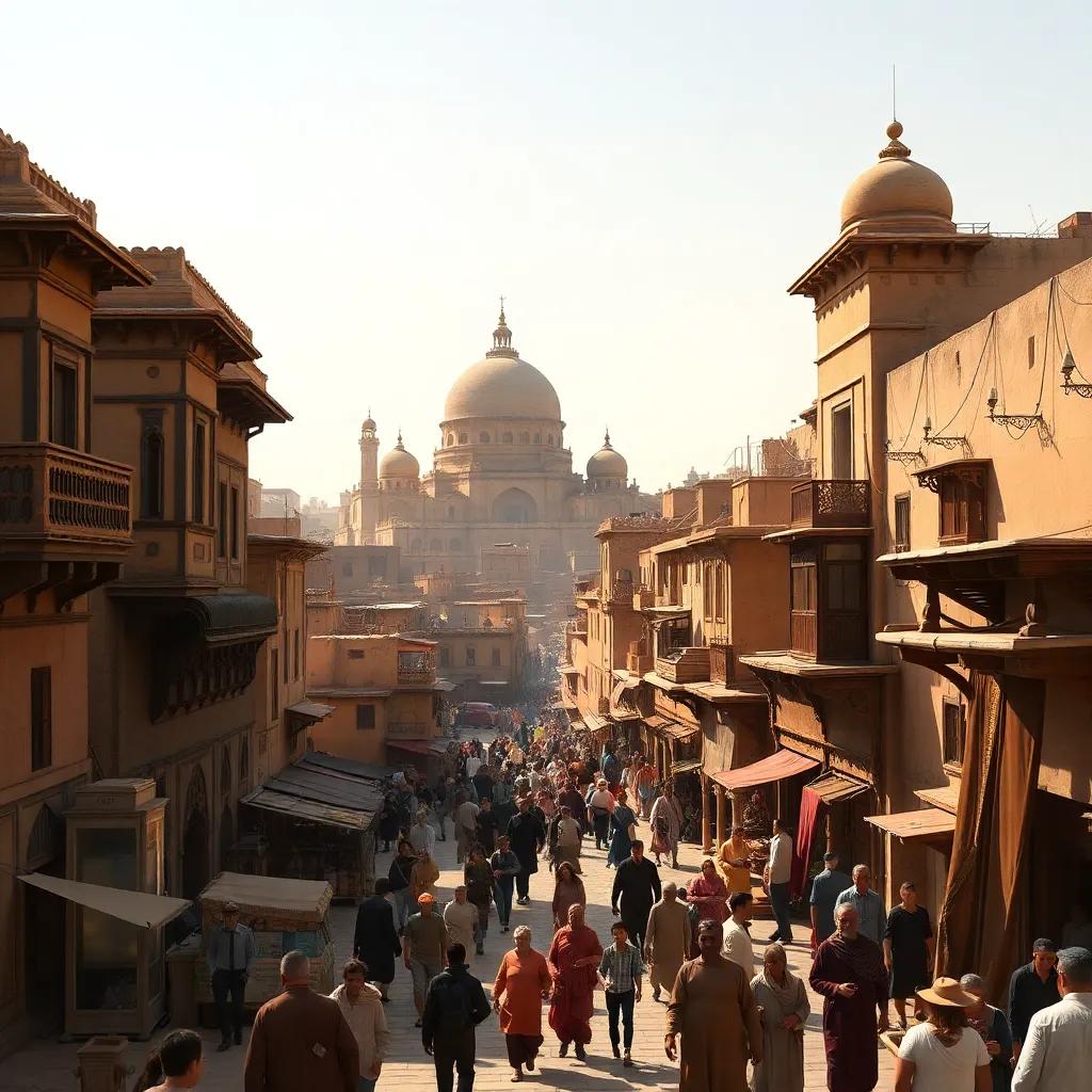 An old view of Cairo, showing traditional architecture, bustling streets, and people in historical clothing, digital art, warm sunlight, cultural richness, vibrant atmosphere, high quality