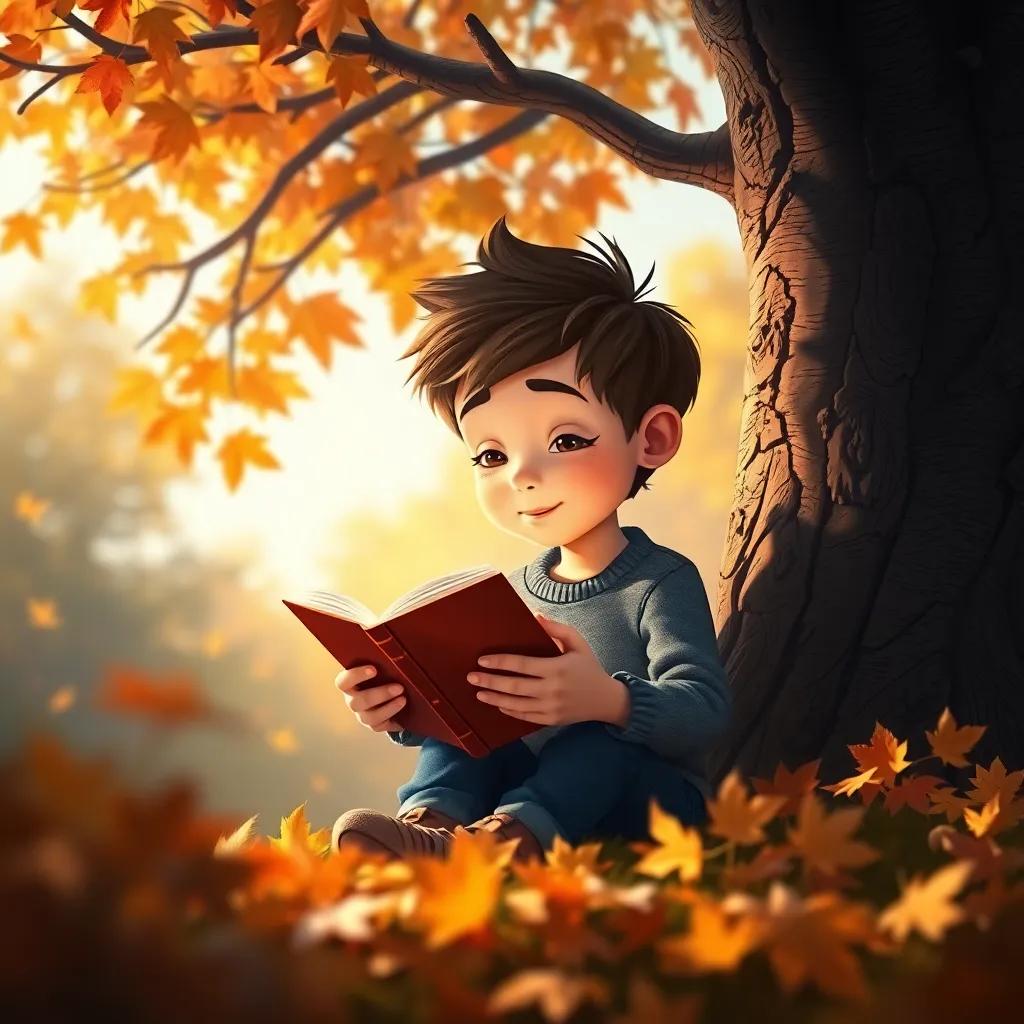 A young boy reading a book under a tree, full of dreams and imagination, surrounded by autumn leaves, digital art, soft light, inviting colors, inspiring perspective, high quality