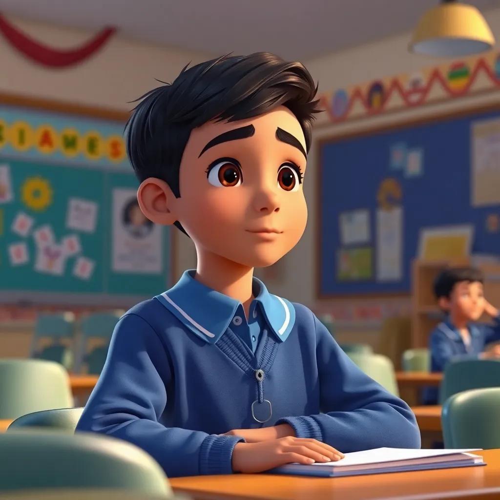 Ahmed, a young Arab boy with short black hair in a blue school uniform, sitting upright at his desk in a bright classroom with colorful decorations, listening attentively to his teacher, warm lighting, engaging atmosphere, illustration, detailed and inviting.