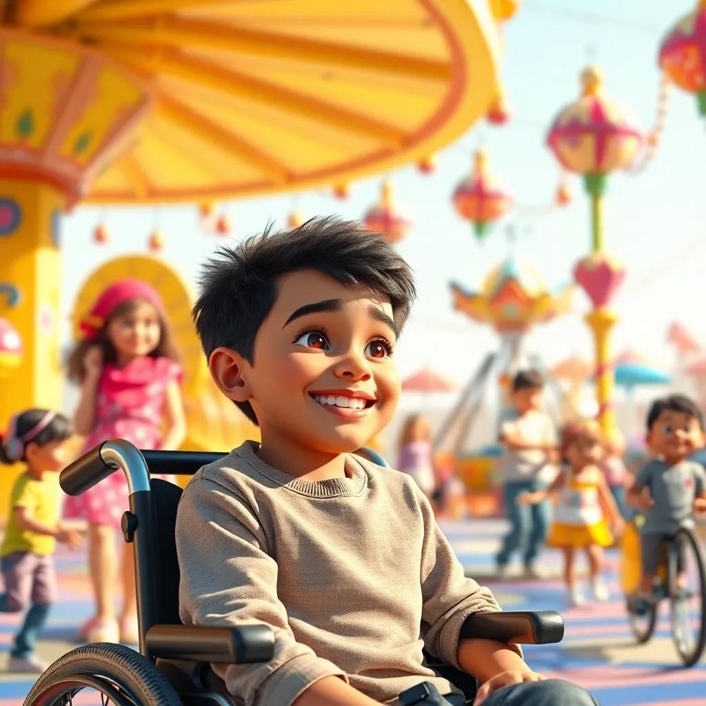 A young Arab boy, Ahmed, in a wheelchair, smiling while looking at children playing in a colorful amusement park, bright sunny day, cheerful atmosphere, digital art, vibrant colors, high quality