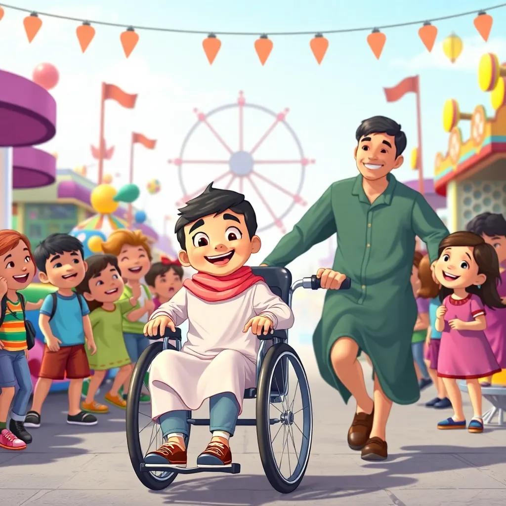 A young Arab boy, Ahmed, in a wheelchair, with his brother Mustafa pushing him towards a group of laughing children, surrounded by colorful rides and games, illustration, joyful scene, child-friendly, high quality