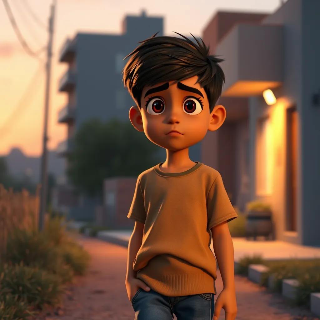 A young Arab boy, Ahmad, with short black hair, wearing jeans and a t-shirt, looking concerned while walking home at sunset, warm colors, inviting atmosphere, high quality