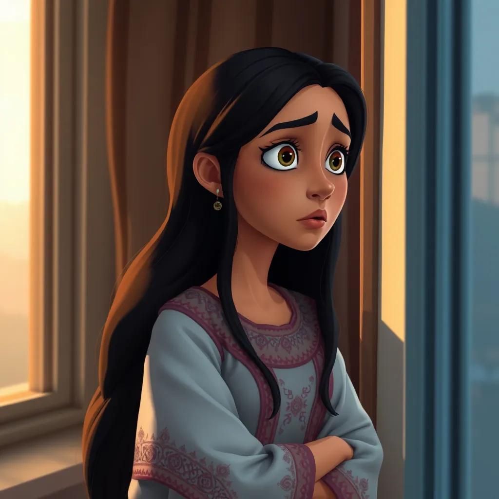 A worried Arab woman, Ahmad's mother, with long dark hair, wearing a traditional dress, standing by the window looking out, soft light, emotional expression, heartwarming, detailed