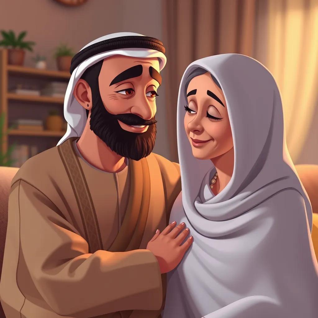 An Arab man, Ahmad's father, with a beard and wearing a thobe, comforting his wife in their cozy living room, warm colors, caring atmosphere, high quality