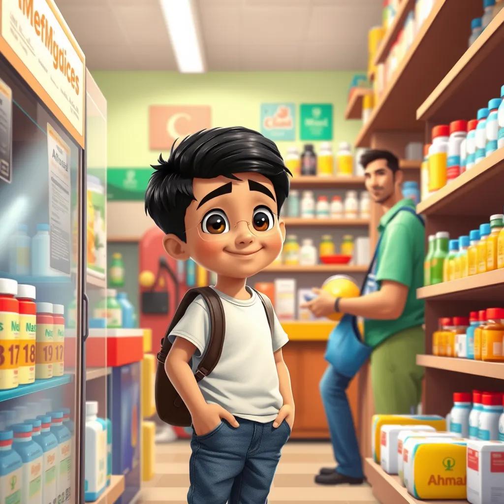 A young Arab boy, Ahmad, with short black hair, wearing jeans and a t-shirt, shopping for medicine in a local store, bright colors, friendly shopkeeper, cheerful, community spirit