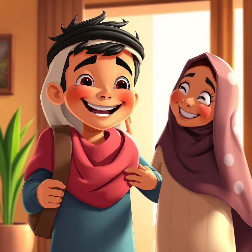A joyful young Arab boy, Ahmad, arriving home with a big smile, greeted by his relieved mother, warm colors, happy reunion, joyful atmosphere