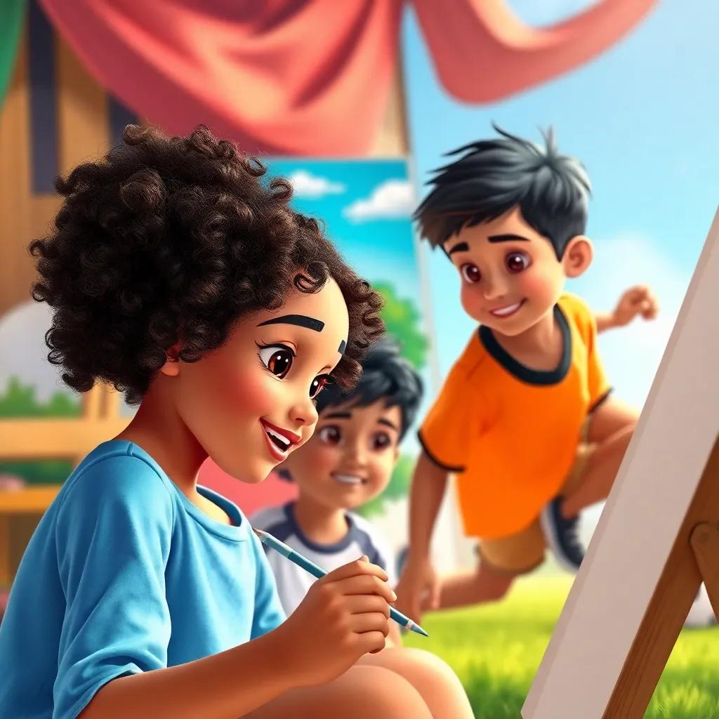 Sarah, a creative girl with curly hair, painting a bright blue sky with green trees in her art. Ahmed, a boy with black hair, looking over her shoulder with curiosity, while Fahd, a sporty boy, plays with a soccer ball in the background. The scene is colorful and full of creativity, capturing hope and dreams, vibrant light, cheerful ambiance, high quality.
