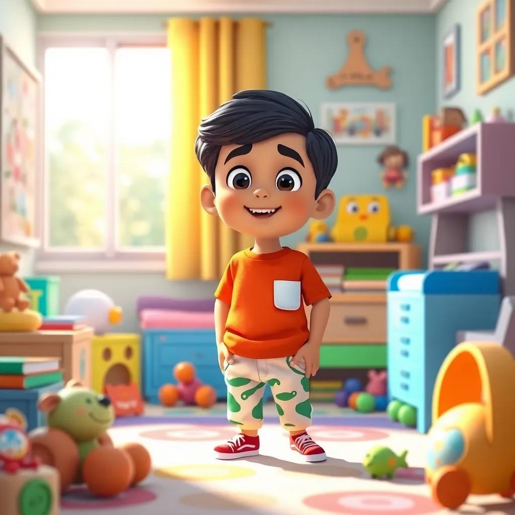 A young Arab boy, Ahmed, with black hair, wearing a bright shirt and new pants, waking up in his colorful room filled with toys and books, cheerful morning light, digital art, vibrant colors, energetic atmosphere, high quality