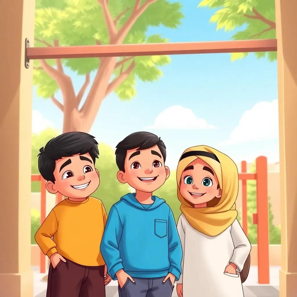 Three young Arab boys, Ahmed with black hair, Momeyein and Alaa, all smiling and chatting at the school gate, surrounded by trees and a bright sunny day, bright colors, joyful mood, child-friendly illustration, high resolution