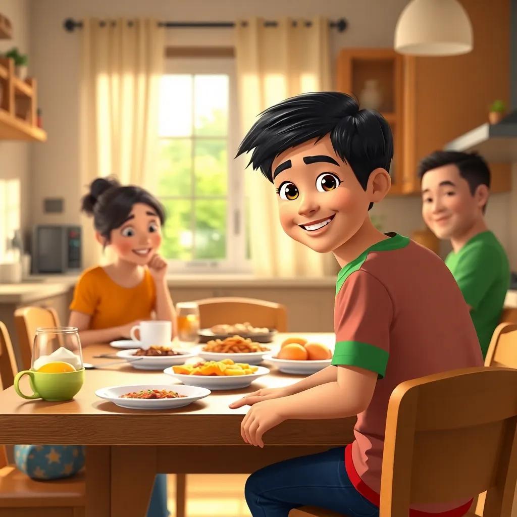 A young Arab boy, Ahmed, with short black hair, wearing a colorful t-shirt and jeans, sitting at a breakfast table with his mom and dad, cheerful morning light, cozy kitchen, vibrant colors, high quality