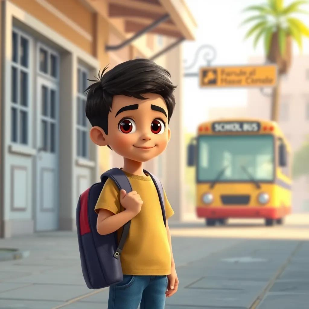 Ahmed, a young Arab boy with short black hair, holding a school bag, standing in front of a building waiting for the school bus, bright morning, animated style, child-friendly, high quality