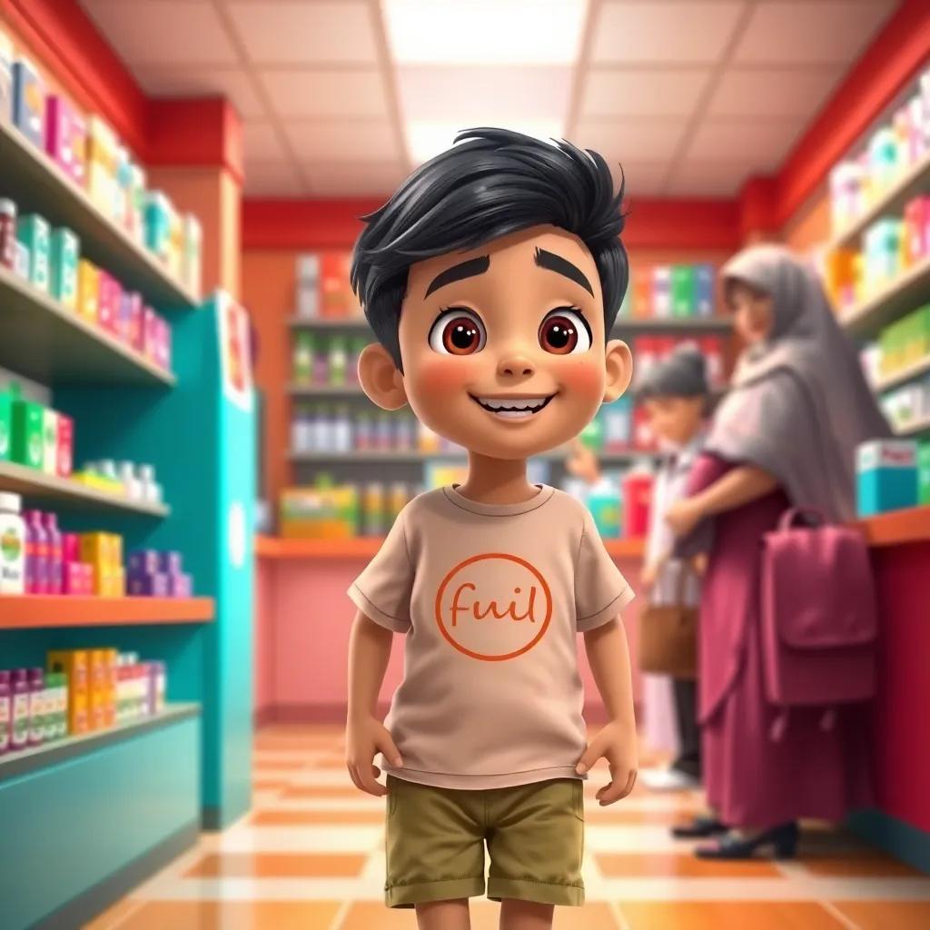 A young Arab boy, Ahmed, with short black hair and wearing a cheerful t-shirt and shorts, entering a colorful pharmacy with his mother. The pharmacy is filled with bright medicine boxes and a friendly pharmacist behind the counter, digital art, vibrant colors, warm atmosphere, inviting perspective, high quality