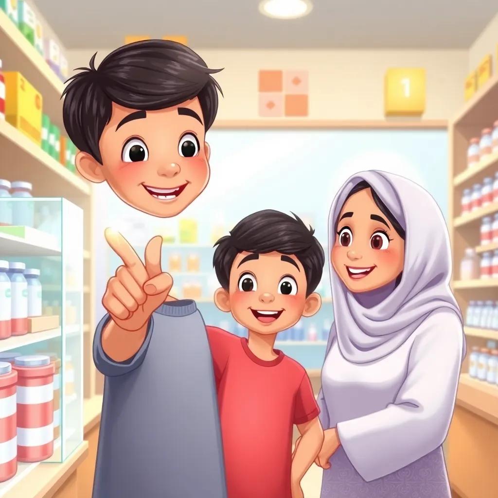 Ahmed, a young Arab boy with short black hair, pointing at a shiny medicine box with excitement, and his mother smiling beside him, in a vibrant pharmacy, illustrated art, joyful colors, child-friendly view, engaging setting, high quality