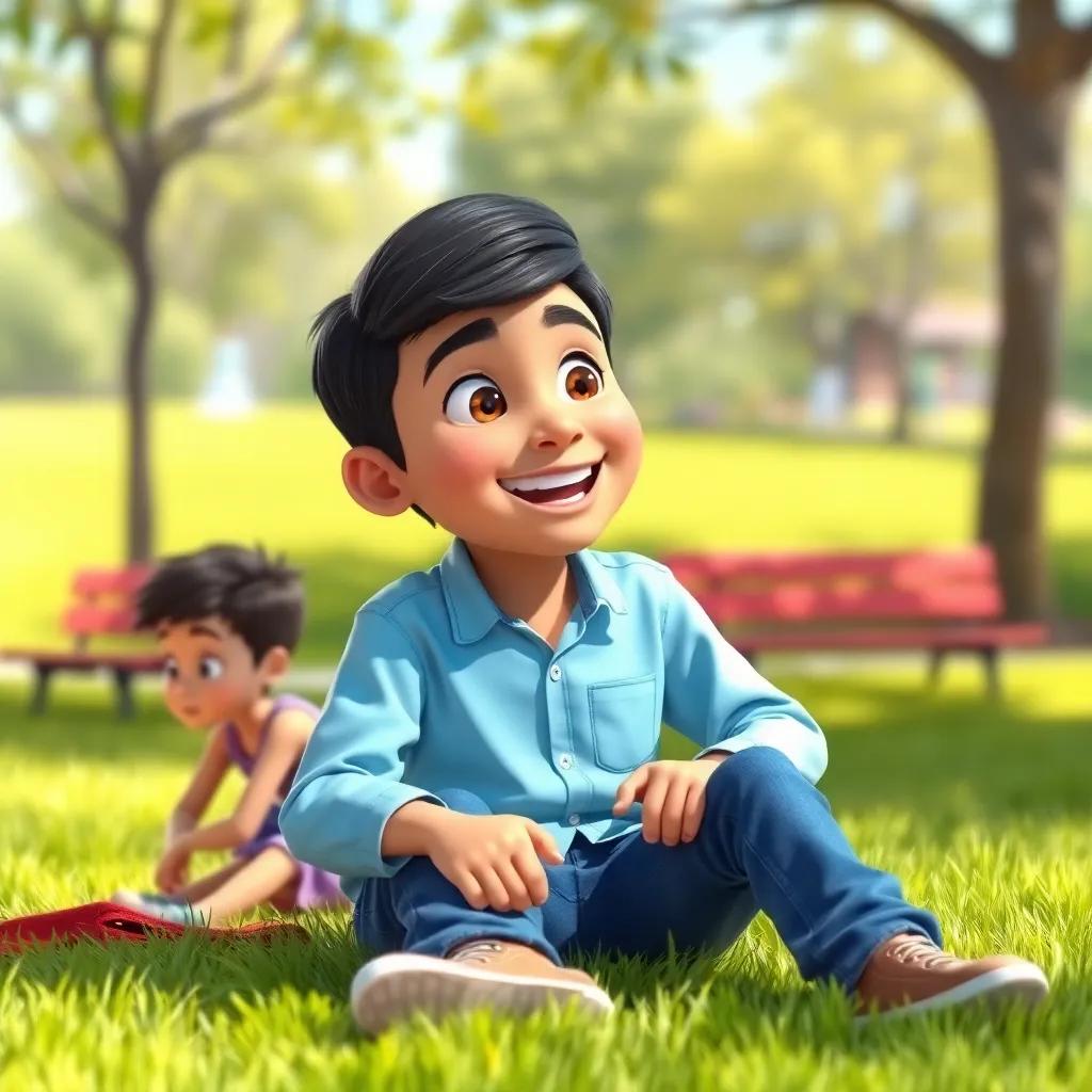 A young Arab boy, Ahmed, with short black hair wearing a light blue shirt and jeans, sitting on green grass in a sunny park, talking animatedly to his friends, vibrant colors, cheerful atmosphere, high quality