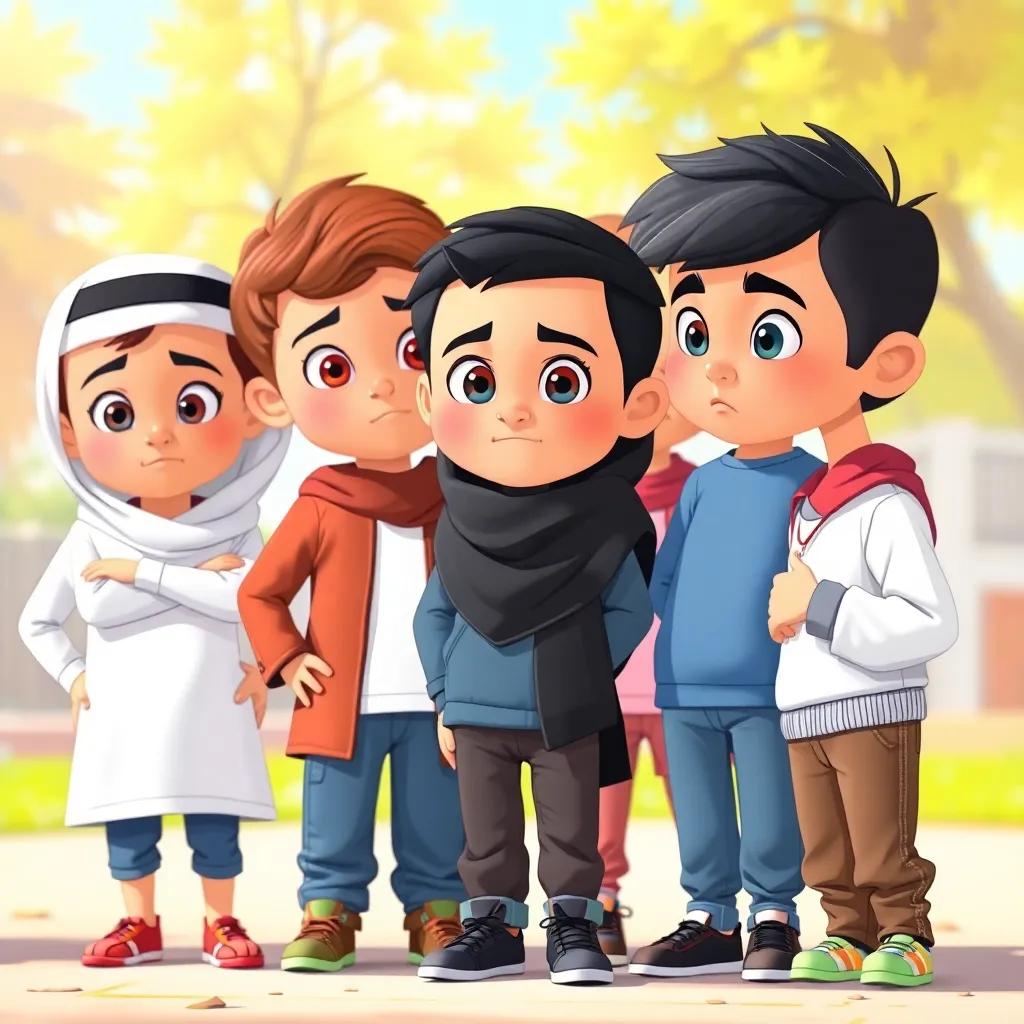 A group of young Arab children, including Ahmed, standing together with determined expressions, discussing safety tips against online threats, bright daylight, colorful background, child-friendly, engaging scene, high quality