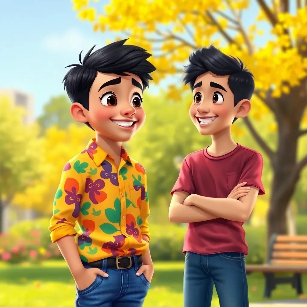 A young Arab boy, Ahmed, with short black hair, wearing a vibrant shirt and jeans, smiling and talking to his friend Ali in a sunny park, detailed digital art, bright colors, cheerful atmosphere, high quality