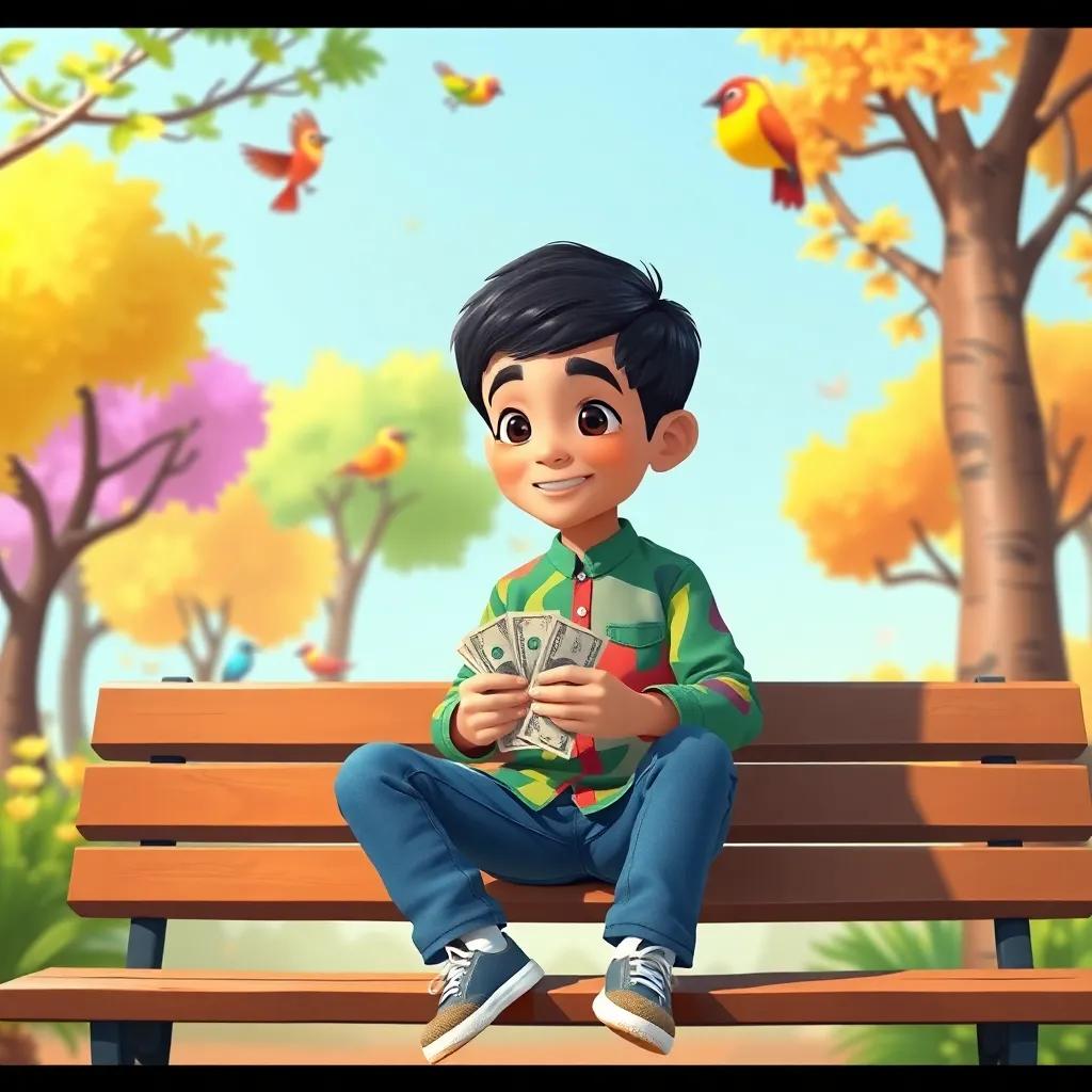 A young Arab boy, Ahmed, with short black hair, wearing a colorful shirt and jeans, sitting on a bench counting his remaining money with a happy expression, surrounded by colorful trees and birds, illustration, playful, inviting, child-friendly art