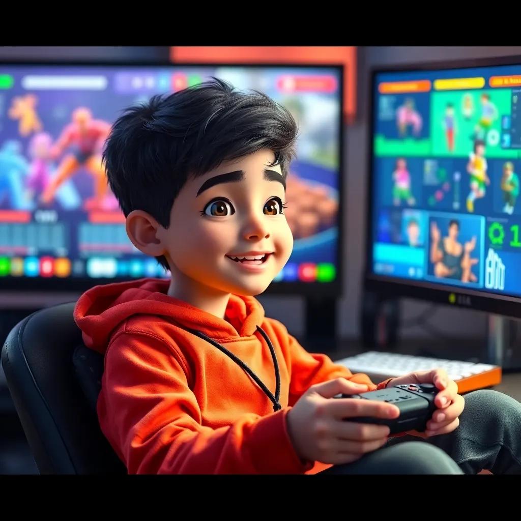 A young Arab boy, Ahmad, with dark hair, wearing comfortable gaming clothes, holding a game controller, sitting in front of a computer screen with colorful graphics, digital art, lively colors, focused and excited atmosphere
