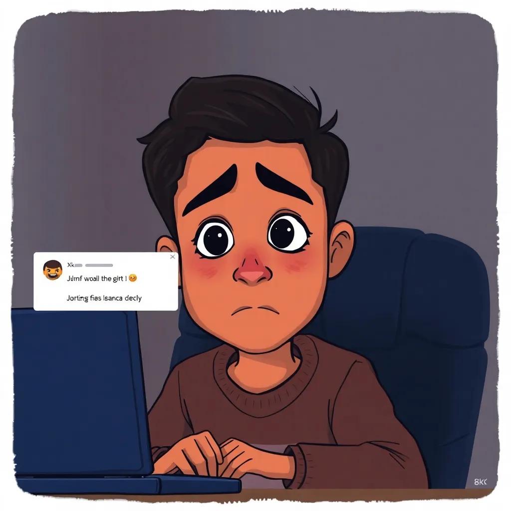 Ahmad feeling sad, looking at the computer screen with negative comments and emoji reactions, his expression showing disappointment, illustration, somber colors, emotional depth