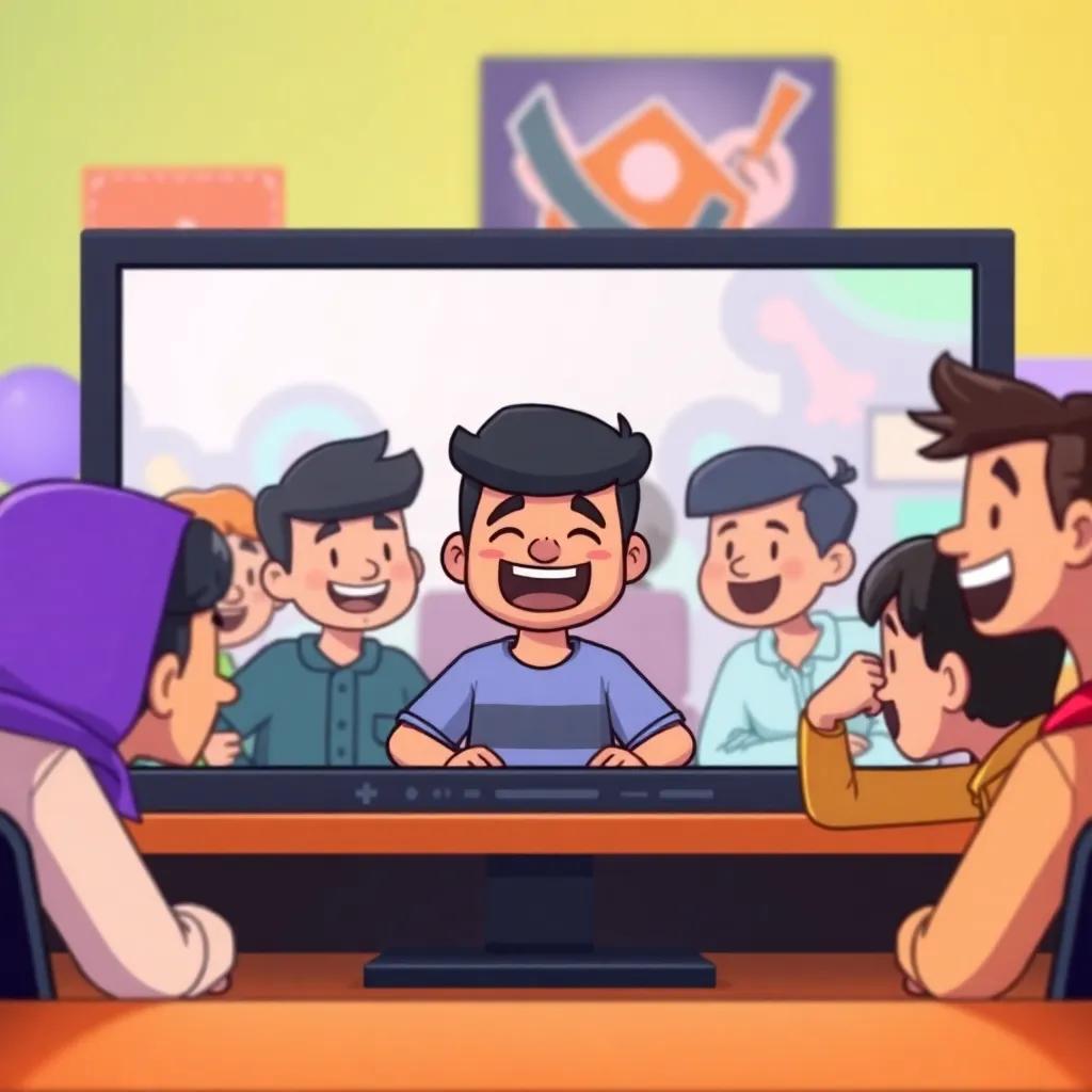 A group of online players with cartoon avatars, laughing and mocking Ahmad on the screen, colorful video game backgrounds, digital art, cartoonish and playful tone