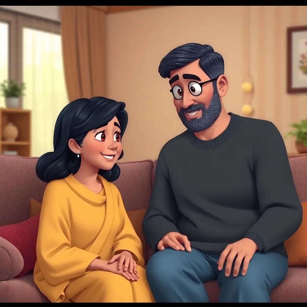 Ahmad talking to his parents, his mother has a gentle smile while his father is encouraging, cozy living room setting, warm lighting, family support vibe, heartwarming