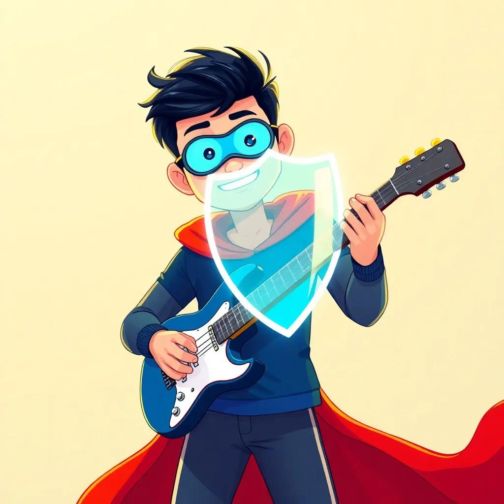 A virtual shield appearing around Ahmad while he is playing, symbolizing protection from negativity, bright colors, superhero theme, digital illustration, engaging and inspiring