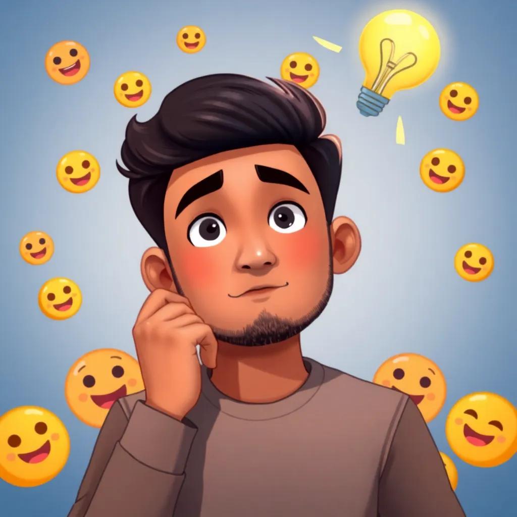A thoughtful Ahmad, considering the importance of kindness online, with a glowing light bulb above his head, surrounding friendly emojis, cheerful colors, art illustration, imaginative and uplifting visually