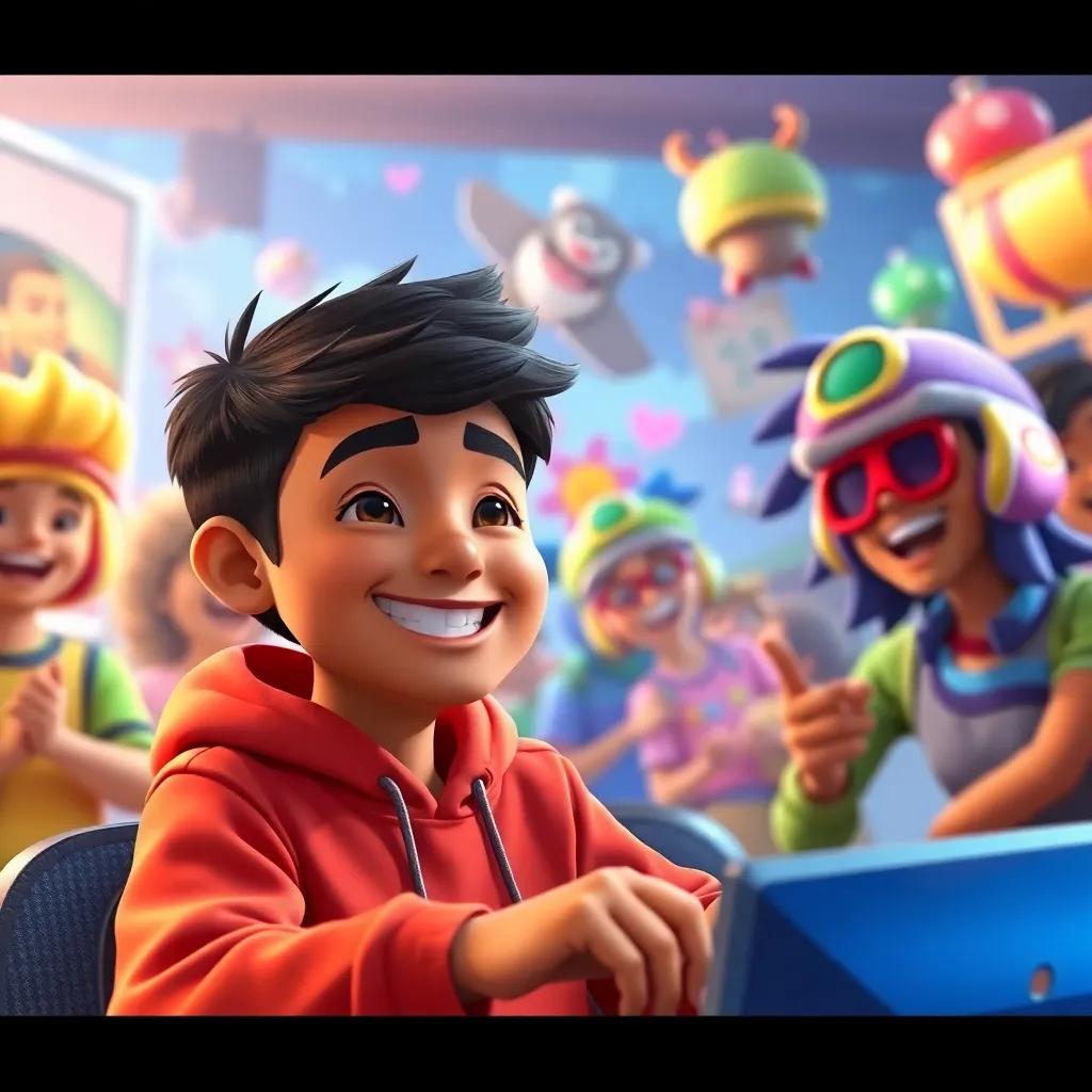 Ahmad smiling and returning to his game with renewed enthusiasm, friends in the game cheering him on, colorful game imagery, vibrant and fun atmosphere