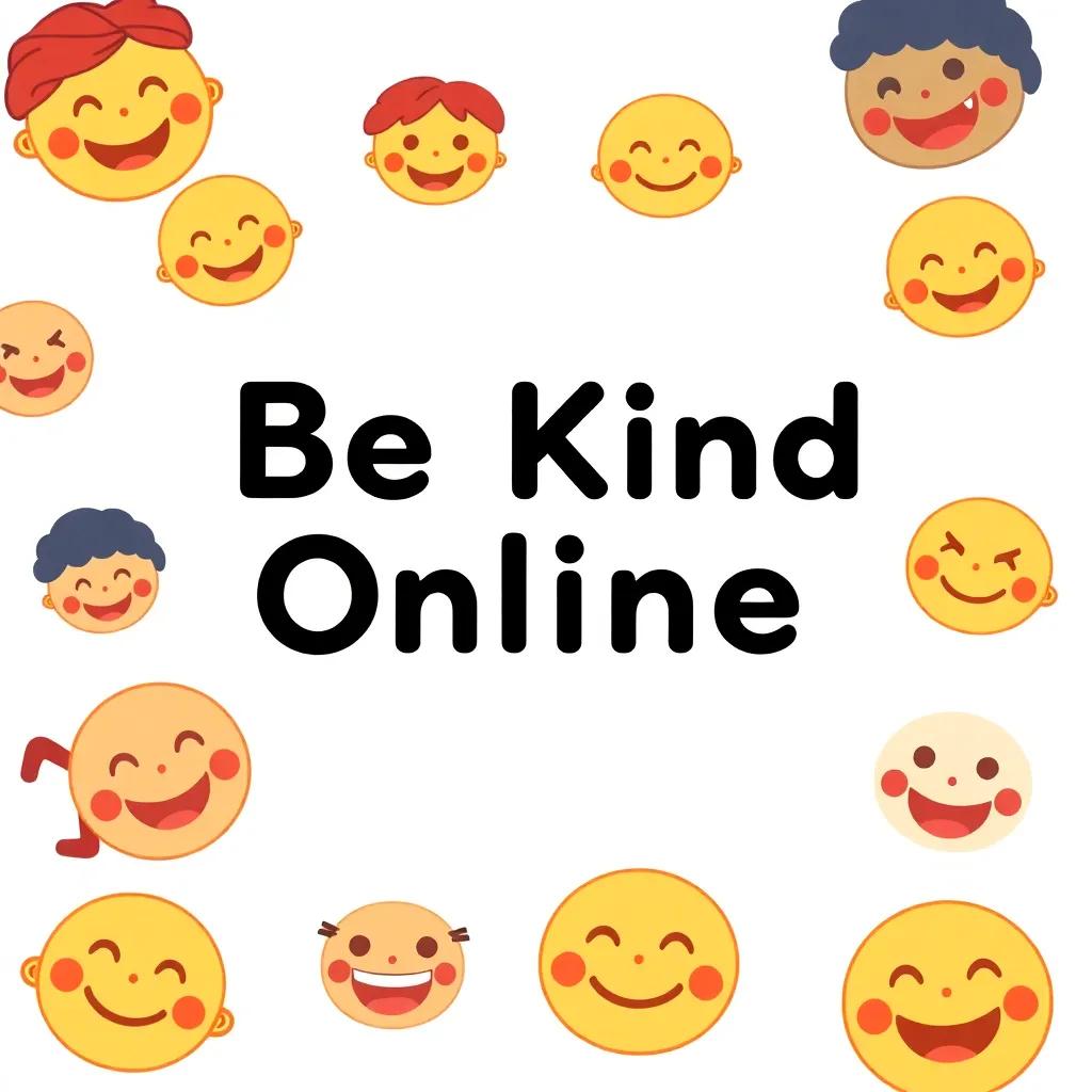 A visual reminder with the text ‘Be Kind Online’, surrounded by happy characters and friendly emojis, engaging illustration, bright colors, educational and friendly
