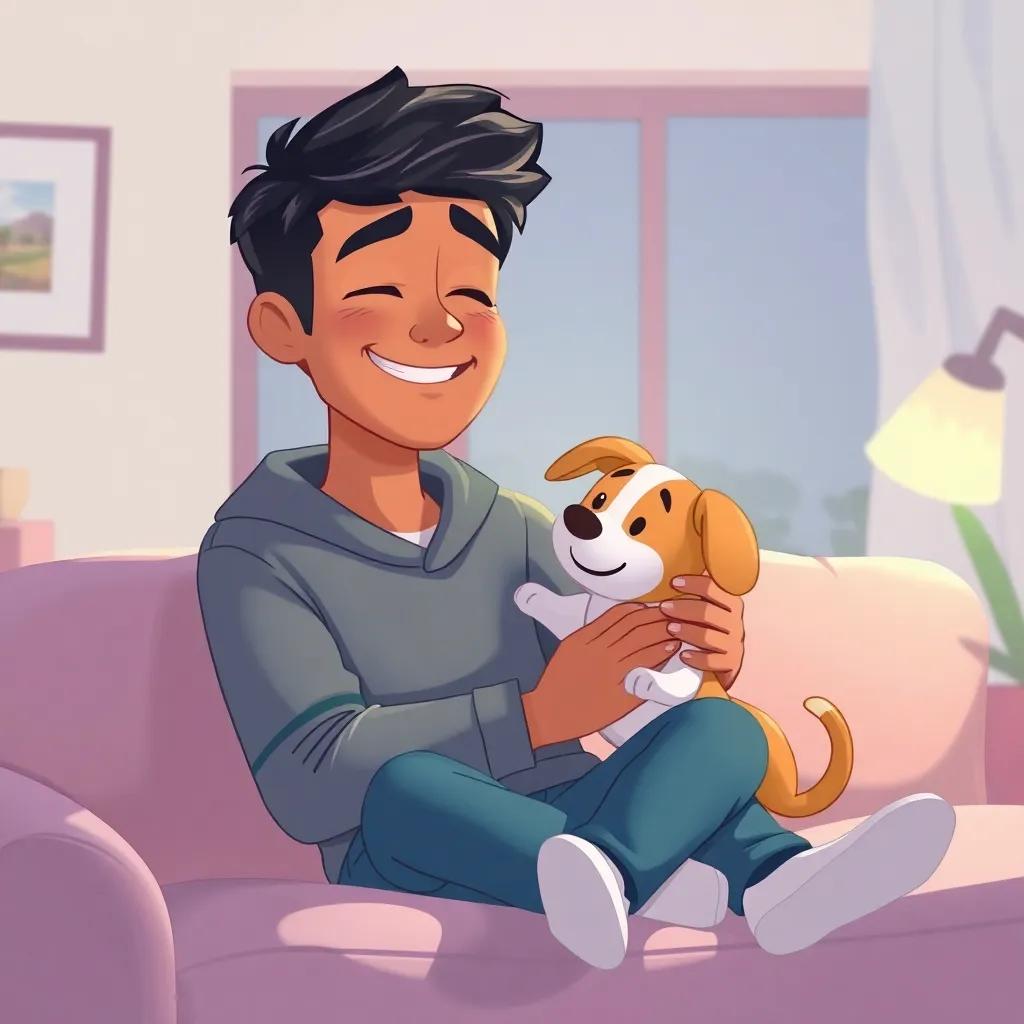 Ahmad enjoying a peaceful moment after the game, playing with a pet, showing balance in life, comfortable home environment, soothing tones, illustration, heartwarming and calming
