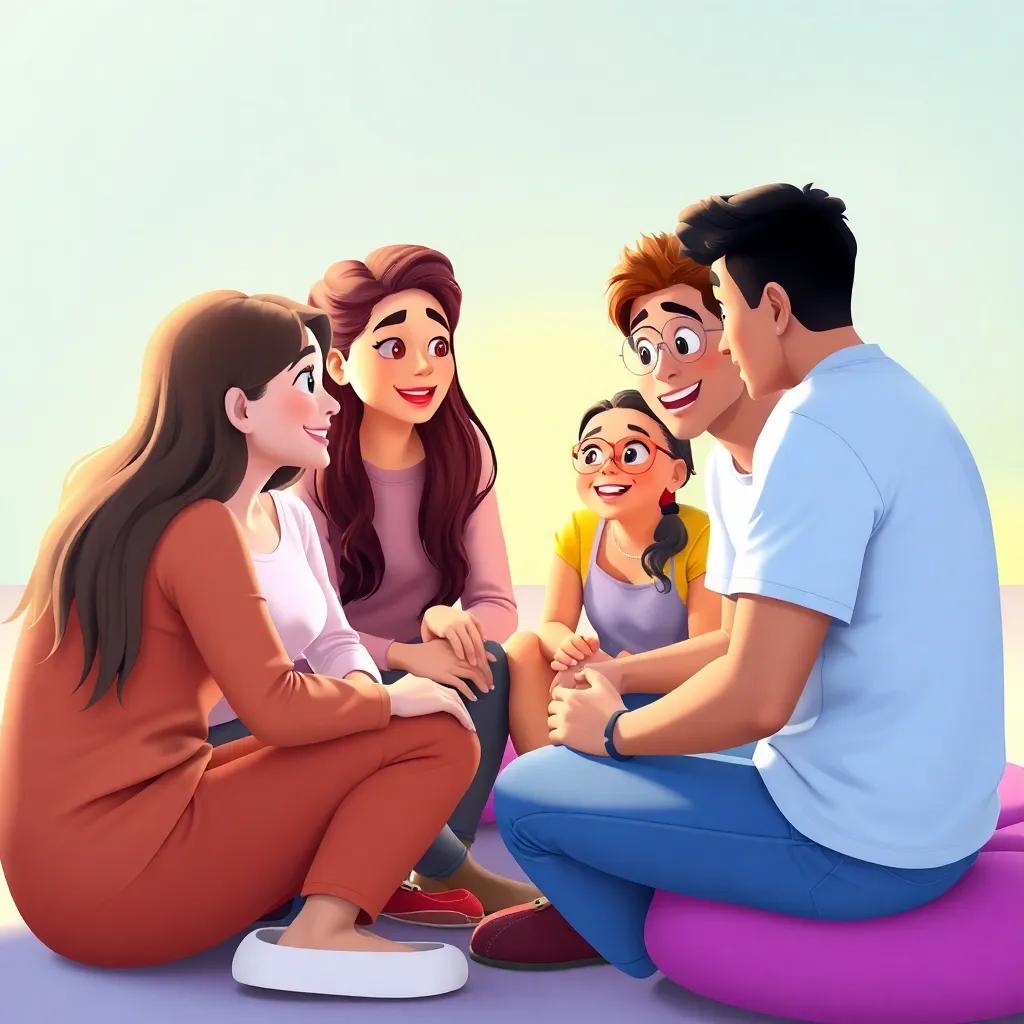 A group of friends, smiling and talking together about online kindness, sitting in a circle and sharing their experiences, bright and colorful setting, friendly and supportive atmosphere