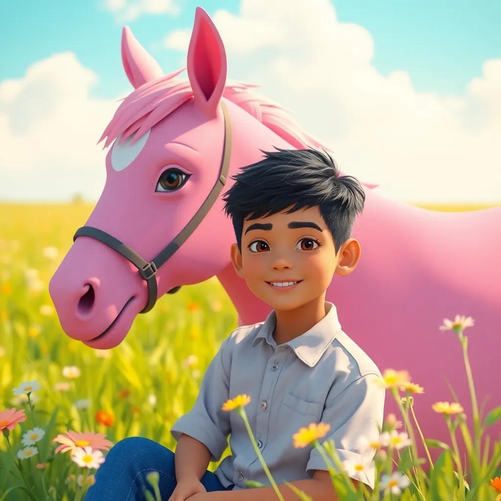A handsome boy, Ahmad, with short black hair wearing a simple shirt, sitting next to a pink horse, in a sunny field with flowers, cheerful atmosphere, vibrant colors, child-friendly, joyful scene