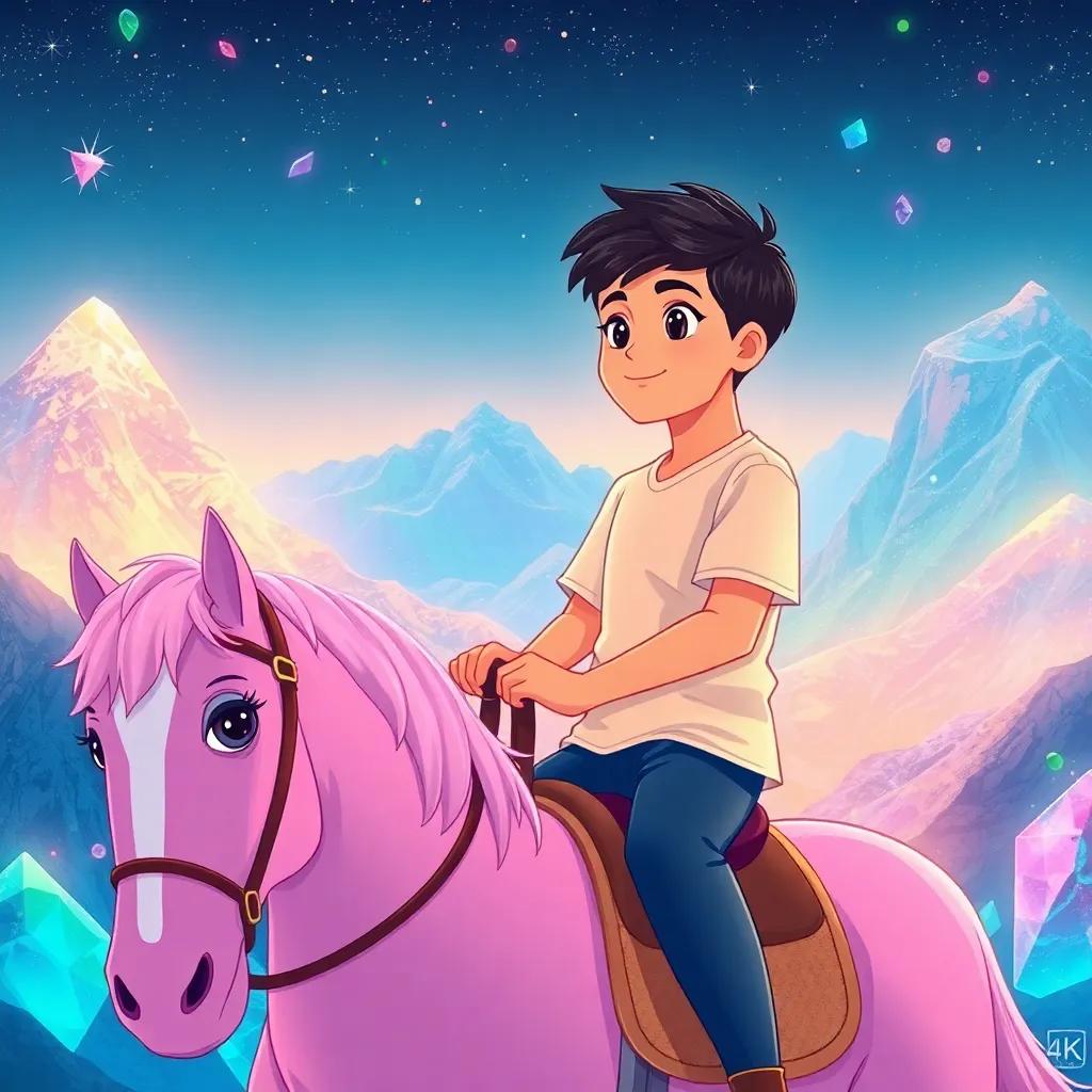 Ahmad, a handsome boy with short black hair wearing a simple shirt, riding his pink horse in glittering mountains with emerald and ruby stones, talking about a beautiful girl in his imagination, colorful and enchanting landscape, illustration, magical, adventurous