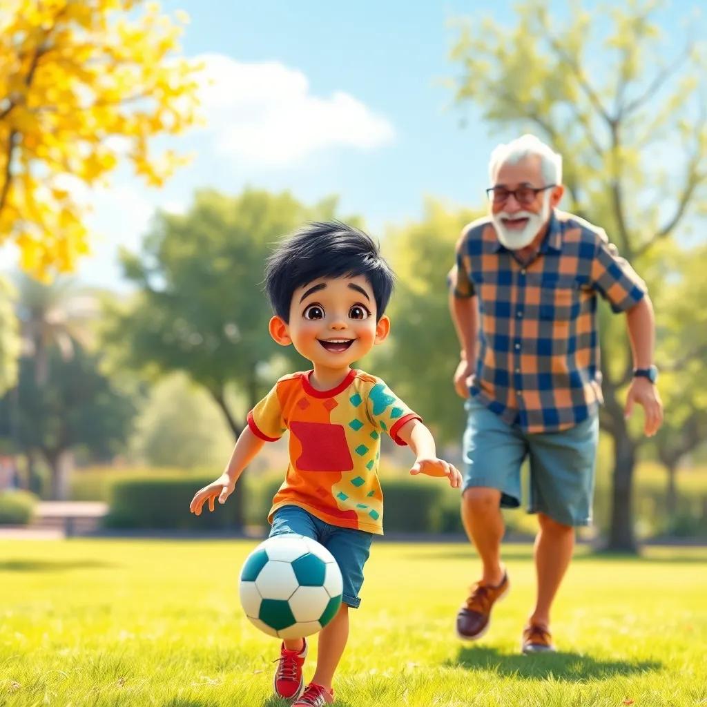 A young Arab boy, Ahmed, with short black hair, wearing a colorful t-shirt and shorts, playing soccer with his grandfather in a sunny park, laughter in the air, digital art, vibrant colors, cheerful atmosphere, high quality