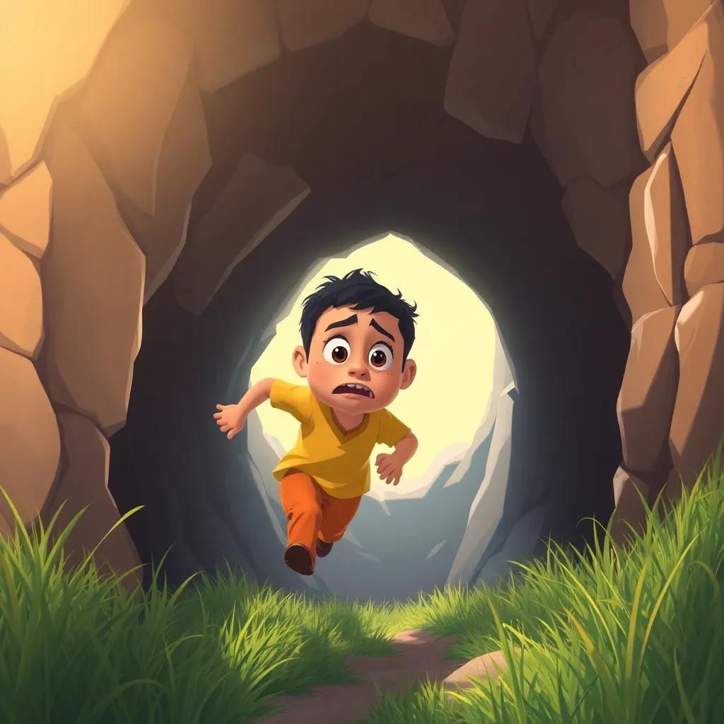 Ahmed running towards a deep hole with a worried expression, sunlight shining on the hole, lots of grass around, digital painting, bright colors, tense moment, high quality