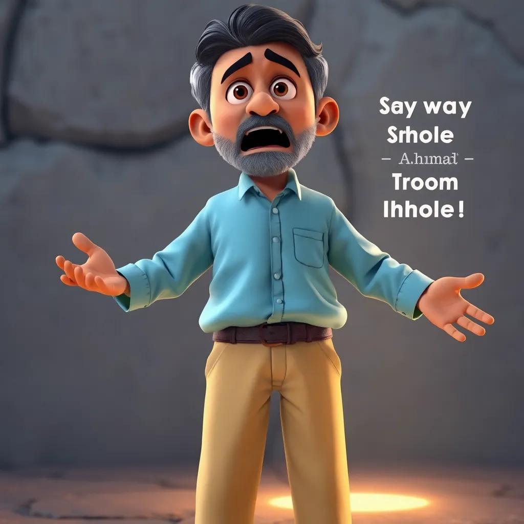 Ahmed's grandfather shouting, 'Stay away from the hole!' looking worried, wearing a light blue shirt and beige pants, standing with open arms, digital art, realistic details, urgent atmosphere, high quality