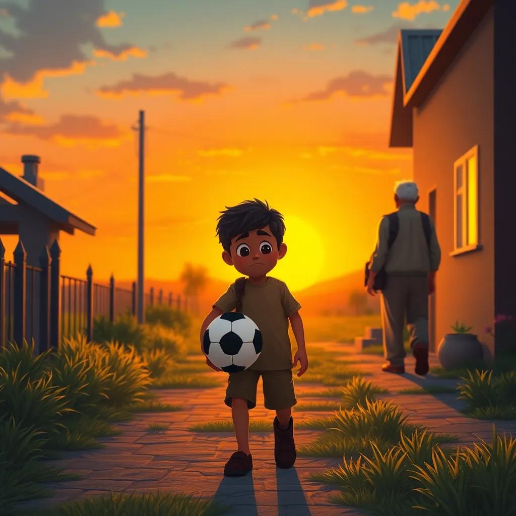 Ahmed walking back home with a sad face, holding a soccer ball, sunset in the background, with his grandfather watching from behind, digital painting, warm colors, emotional scene, high quality