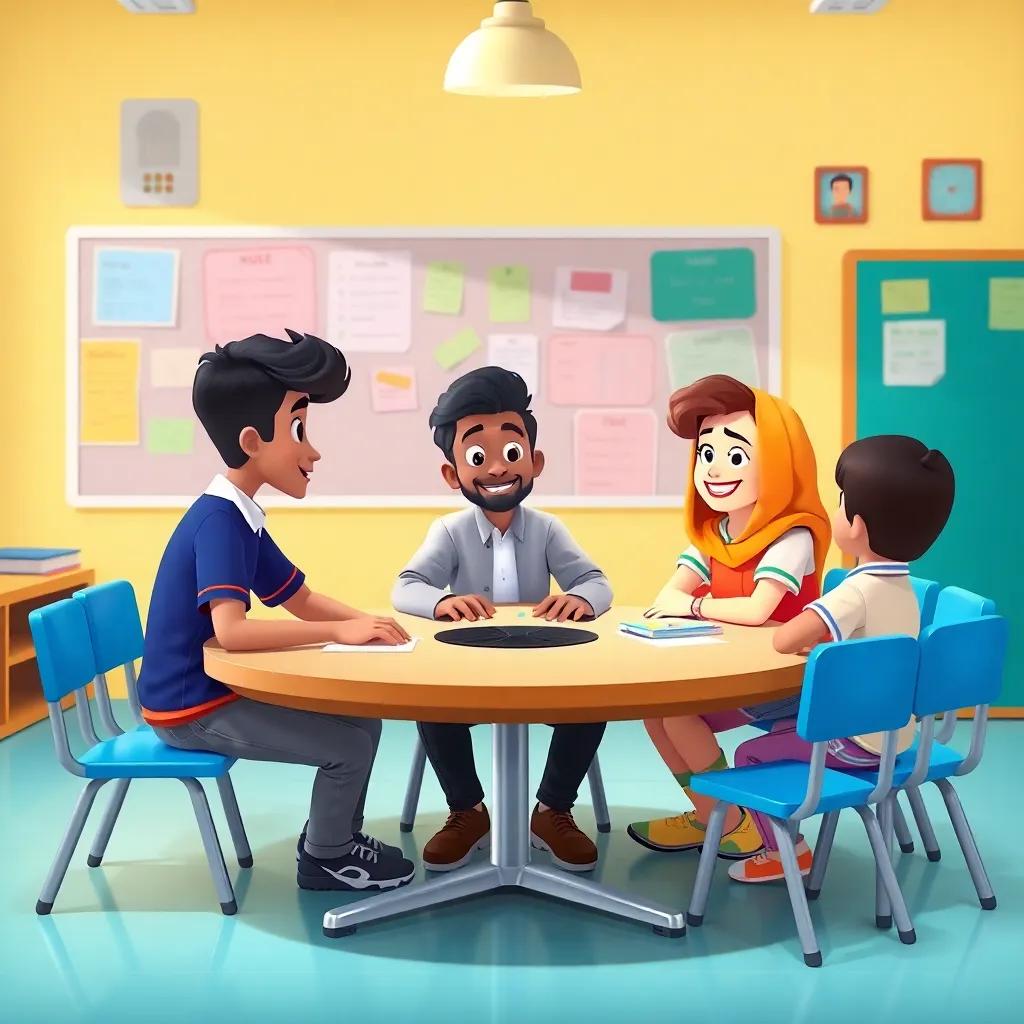 Ahmed in school with friends, sitting at a table, animated discussion about the hole, colorful classroom, digital art, cheerful environment, high quality