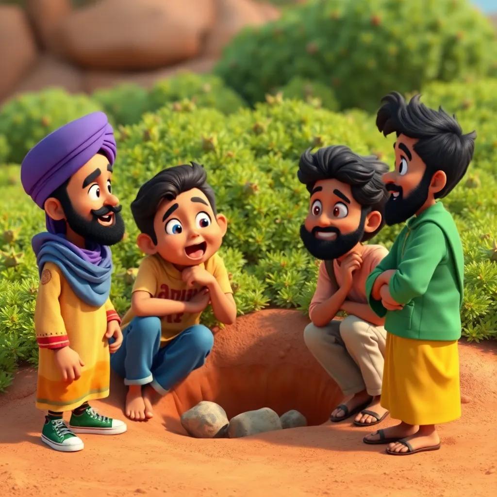 Group of Ahmed's friends animatedly talking about the hole, with a background of small bushes and thorns, digital art, bright colors, lively atmosphere, high quality