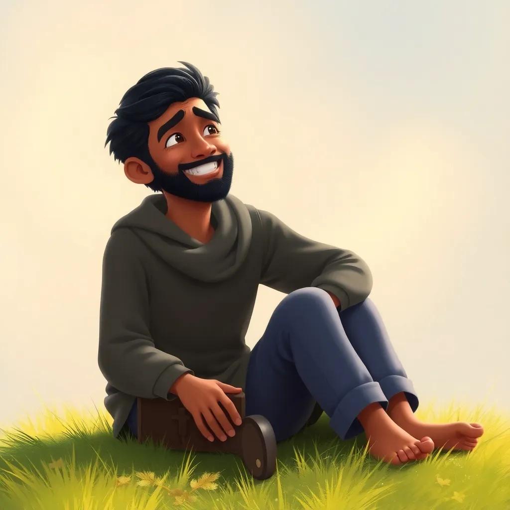 Ahmed smiling while remembering his grandfather's advice, thankful expression, sitting on a grassy spot, digital painting, soft colors, reflective mood, high quality