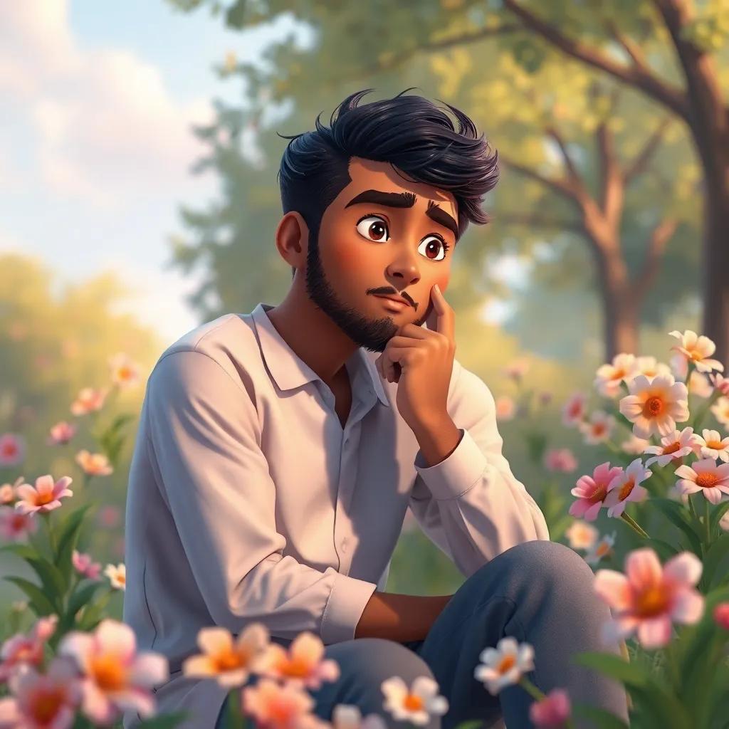 Ahmed thinking deeply about the hole, sitting by the park, with flowers around him, digital art, peaceful colors, serene scene, high quality