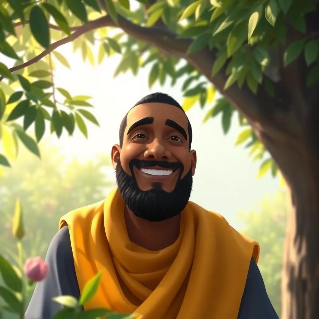 Ahmed saying, 'God protects us from harm.' with a calm smile, surrounded by nature, digital painting, soft light, uplifting moment, high quality