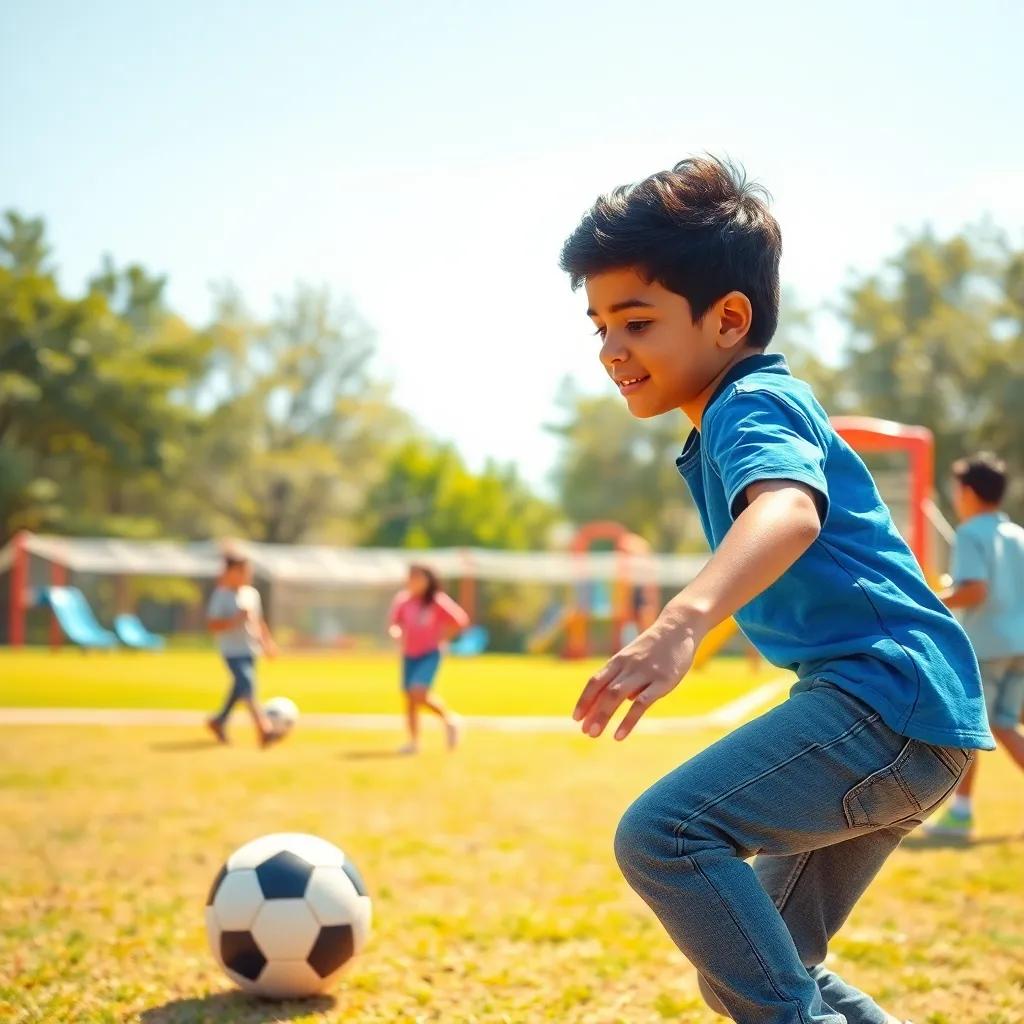 A young Arab boy, Ahmad, with short black hair, wearing a blue shirt and jeans, playing soccer with friends in a park, bright sunny day, colorful playground equipment, cheerful atmosphere, digital art, vibrant colors, lively scene, high quality