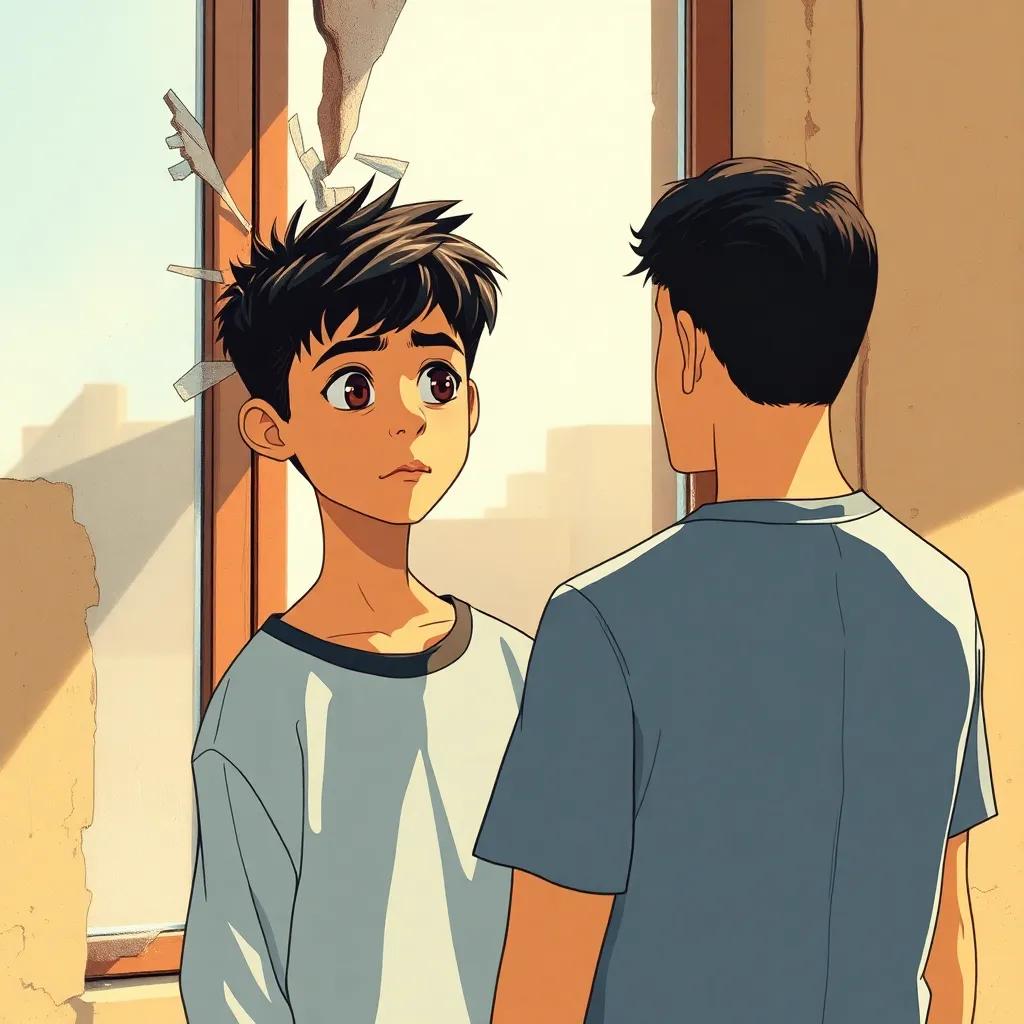 A young Arab boy, Ahmad, with short black hair, standing in front of a shattered window, looking worried and guilty, the neighbor stands nearby with a kind expression, sunny day, warm light, detailed scene, storytelling perspective, high quality