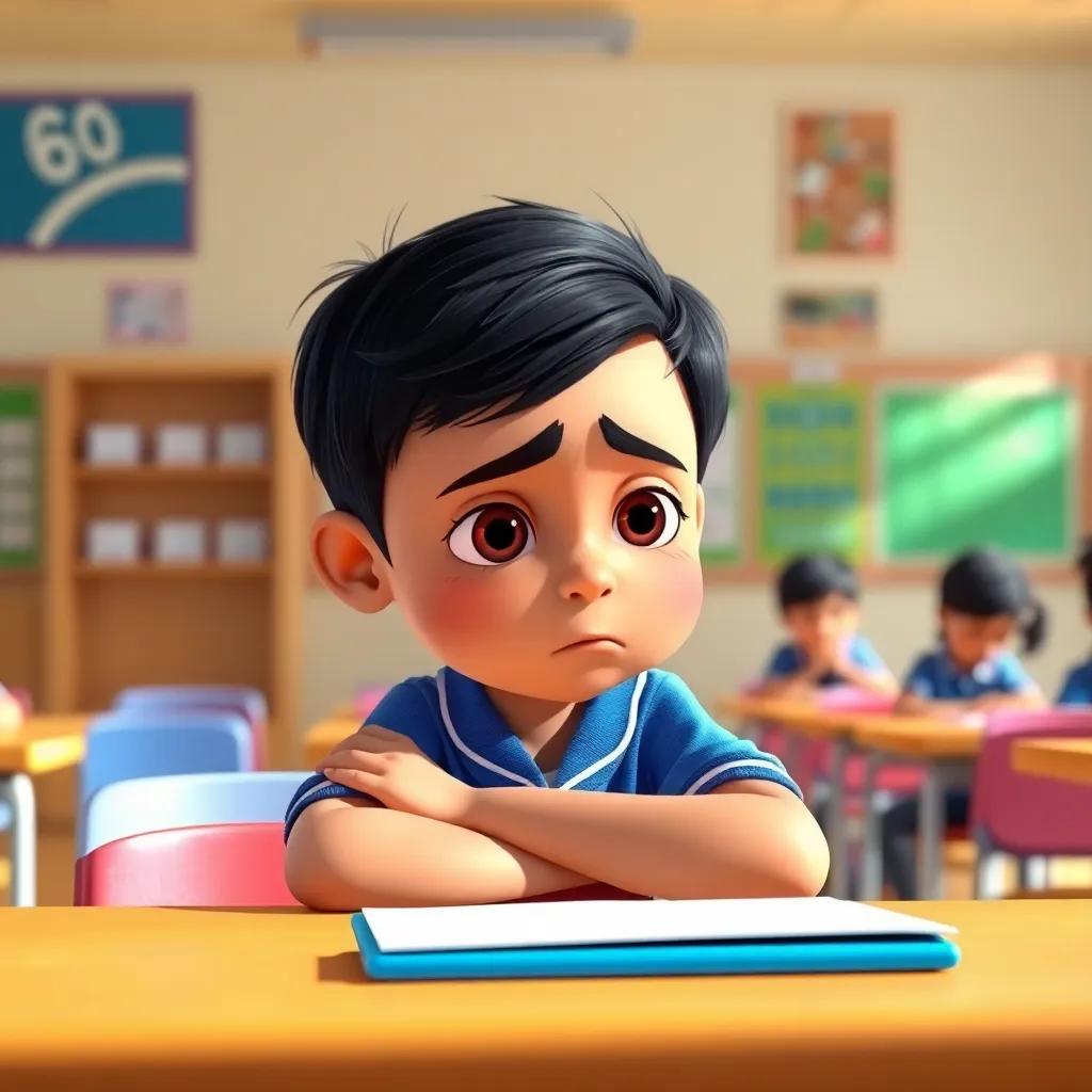 A young boy, Ahmed, with short dark hair and wearing a blue school uniform, sitting at a desk with a sad expression in a bright classroom, engaging with a lesson, digital art, vibrant colors, cheerful atmosphere, high quality