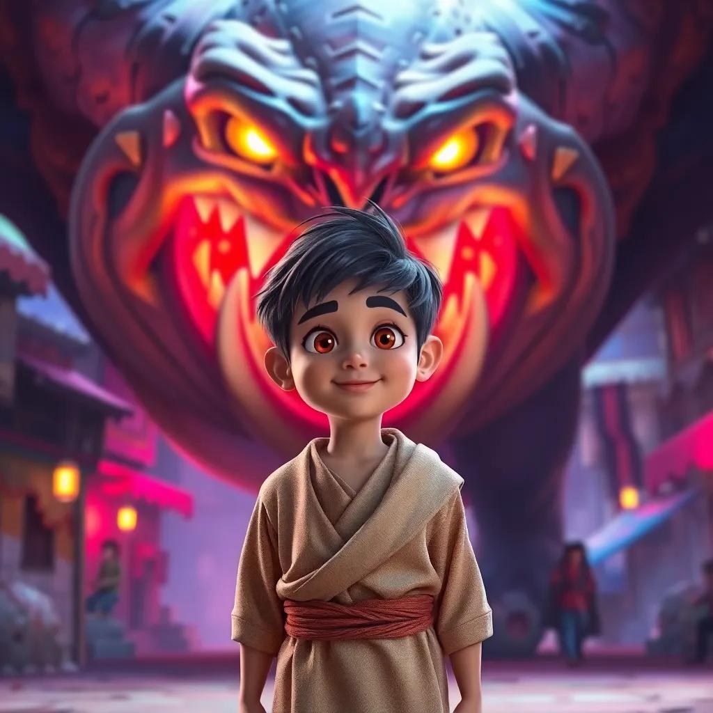 A brave young Arab boy, أحمد, with short, dark hair wearing traditional clothes, standing in front of a large, scary monster with glowing eyes and sharp teeth, in a vibrant village setting, digital art, colorful, dramatic lighting, heroic atmosphere, high quality