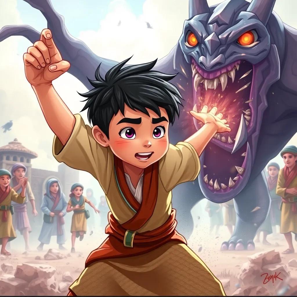 A young Arab boy, أحمد, with short, dark hair in traditional clothes, striking the scary monster with all his might, surrounded by shocked villagers in the background, illustration, action-packed, dynamic colors, uplifting scene, storybook style