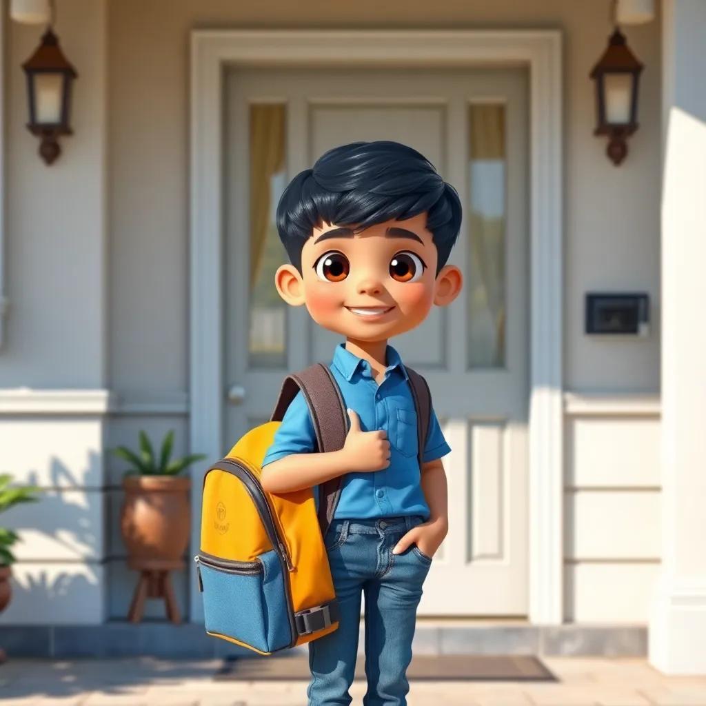A young boy, Ahmad, with short black hair, wearing a blue shirt and jeans, standing at the front door of his house with a school bag, sunny day, cheerful atmosphere, high quality