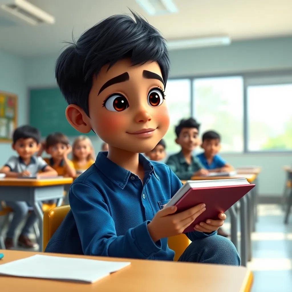 A young boy, Ahmad, with short black hair, wearing a blue shirt and jeans, sitting at a school desk with friends, holding a notebook, bright classroom, engaging learning environment, high quality